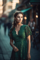 Naklejka premium young beautiful caucasian woman in green dress walking in city center. AI Generated