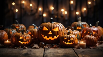 Many Halloween smiling pumpkins Jack-o'-lantern. Halloween holiday. Generative AI