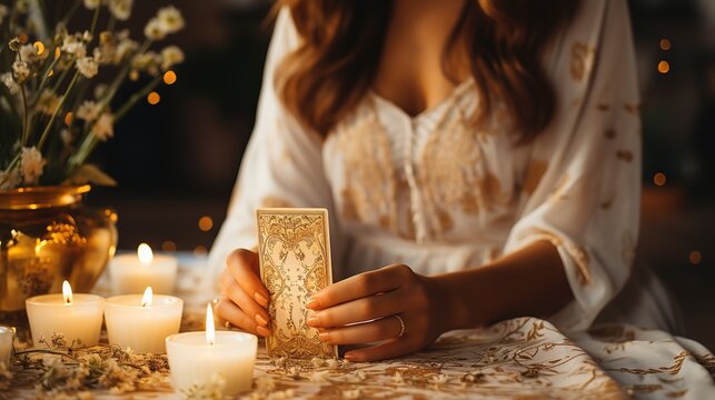 Woman's hand close up takes one card tarot on a table and reads tarot cards. Generative AI