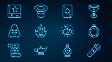 Set line Bottle with potion, Magic stone ring gem, Playing cards, Fire flame, Ghost, Ancient magic book, Poison apple and hat icon. Vector