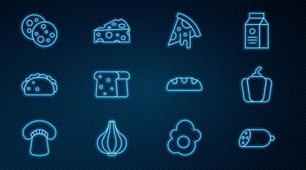 Set line Salami sausage, Bell pepper, Slice of pizza, Bread toast, Taco with tortilla, Cookie chocolate, loaf and Cheese icon. Vector