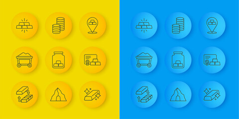 Set line Gold exchange money, Mine cart with gold, bars, certificate, and coin icon. Vector