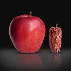 Old and young or aging process as a new fresh ripe red apple and an older wrinkled rotten fruit as...