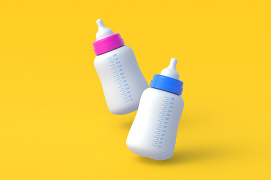 Falling baby milk bottles. Childcare accessories. Feeding newborns kids. 3d render