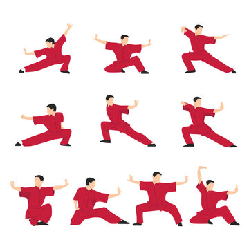 Vector set of wushu. Wushu positions. Design elements and icons. Flat vector illustration isolated on white background