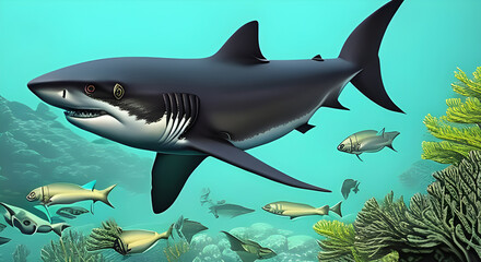 Obraz premium Shark illustration with small fish. AI generated