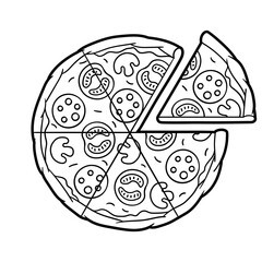 Tasty pizza slice separated. Delicious fast food meal. Illustration for cafe menu.