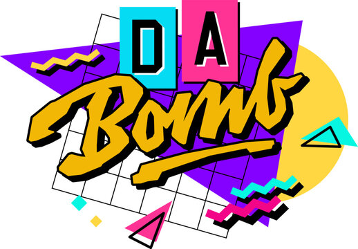 Isolated typography 90s style slang design element - Da Bomb. Bold creative lettering design.  Text with a bright color scheme on a geometric background. Hand drawn inscription in free style script.