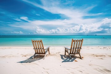 Fototapeta na wymiar Beautiful ocean and beach background, two lounges, AI Generated