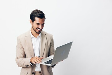 man computer internet job thoughtful freelancer business suit copyspace digital laptop