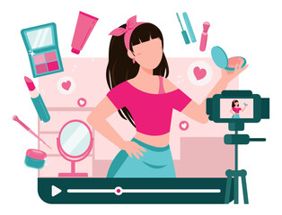 Beauty blogger recording makeup tutorial video for her vlog. Women talking and showing cosmetic products in front of the camera. Colored flat vector illustration of vlogger isolated - obrazy, fototapety, plakaty