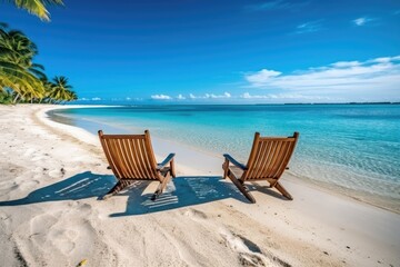 Fototapeta na wymiar Beautiful ocean and beach background, two lounges, AI Generated