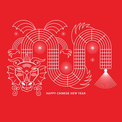 Chinese Happy New Year 2024. Year of the Dragon. Symbol of New Year. Line art,  dragon in geometric style - 625271791