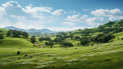 Fototapeta na wymiar Green plains themed scenery background, created with generative AI technology