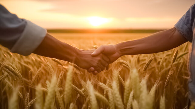 Two farmer standing in a wheat field and shake hands on sunset. Thanks for teamwork of farmers in agribusiness. Agronomists in work.
