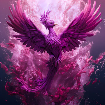 Beautiful Purple Phoenix Rising From The Flames. Generative AI.