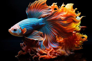 Fototapeta premium Colorful betta fish isolated on black background, cockerel in aquarium close-up, AI Generated