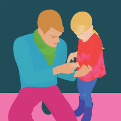 Dad comforting his crying daughter. Gentle parenting illustration.