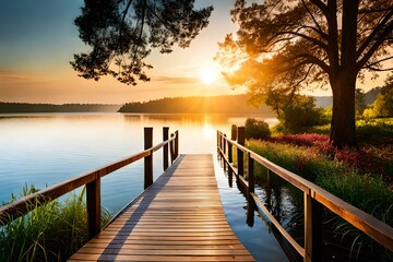Fototapeta premium Brown Wooden Dock on River Created Using AI tool