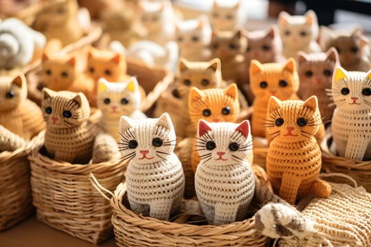 A vibrant image showcasing a variety of artisanal cat toys made from natural materials displayed at a local market, reflecting the niche market of pet products.
