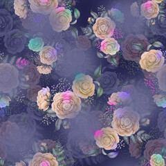 textile flower with blue ground seamless digital print design