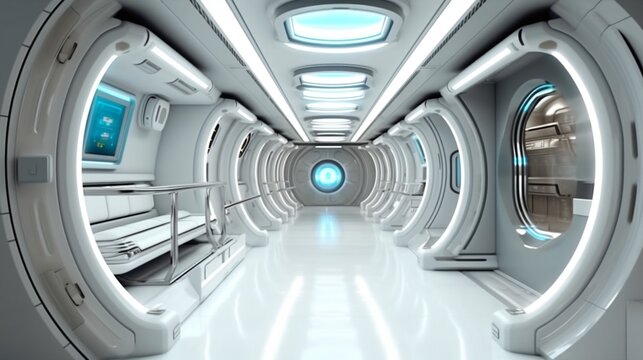 Sci-fi style corridor or hallway within a space station or spacecraft. Features white, clean, Generative AI.