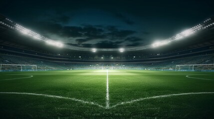 Soccer stadium illuminated by spotlights, Generative AI. - obrazy, fototapety, plakaty