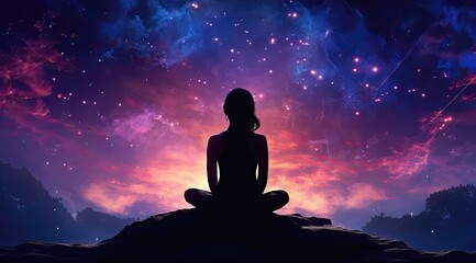 Young woman meditating in lotus pose against space background with stars
