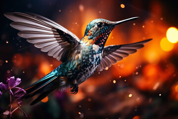 Obraz premium Colorful hummingbird on a bright multicolored background, nature wallpaper with colibri bird, AI Generated