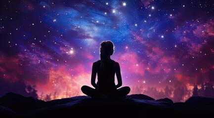 Young woman meditating in lotus pose with starry sky background