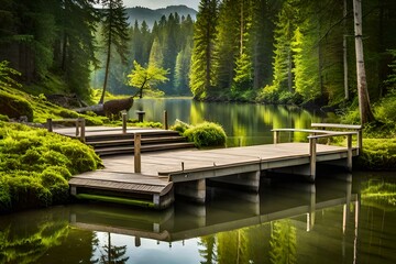 Brown Wooden Dock on River Created Using AI tool