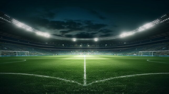 Soccer stadium illuminated by spotlights, Generative AI.