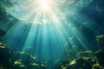 Fototapeta na wymiar An underwater image showing the beauty of sunlight streaming through the water's surface, creating a calming and serene graphic resource.