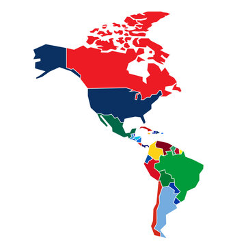 Map of the American Continent as Vector Graphic, North America, Central America, South America, Low-Poly Style, Countries in National Colours
