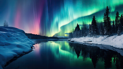 Display of Aurora Borealis in the polar night heavens, offering a natural abstract sight. Generative AI
