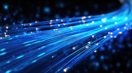 Glowing blue strands of fiber optic cables illustrating digital connectivity. Generative AI - obrazy, fototapety, plakaty