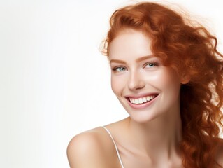 a closeup photo portrait of a beautiful irish ginger adult woman smiling with clean teeth. used for a dental ad. girl with trendy wavy hair and beard. isolated on white background. Generative AI