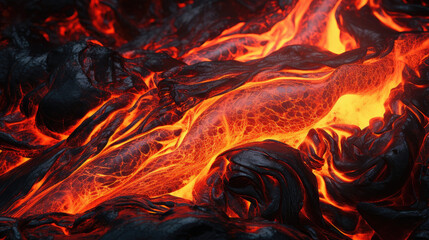 Flowing lava forming detailed motifs representing dynamic earth transformations. Generative AI