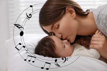 Lullaby songs. Mother kissing her baby at home. Illustration of flying music notes around woman and...