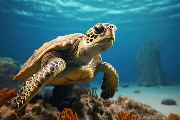 turtle swimming in ocean.