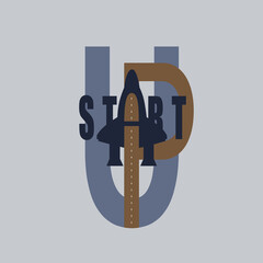 Startup logotype with illustration of rocket on light background