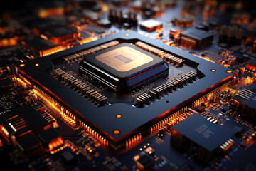 Fototapeta premium Futuristic future motherboard design with CPU socket, microchips, microprocessors, integrated circuits and connectors for connection, technology science background, AI Generated