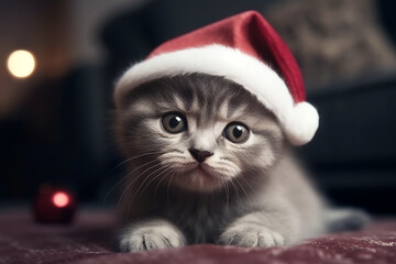 Small kitten in a Santa Claus hat on a dark background, AI generation