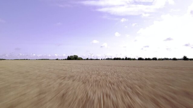 Windr&auml;der im Weizenrausch: Faszinierende Drohnenaufnahme einer schnellen &Uuml;berflugfahrt &uuml;ber ein goldenes Weizenfeld mit erneuerbarer Energie im Hintergrund