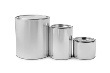New metal paint cans on white background