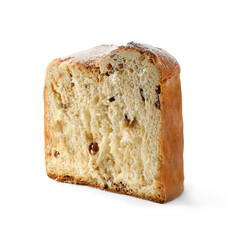 Half of delicious Panettone cake with powdered sugar on white background. Traditional Italian pastry