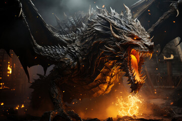 Ferocious fire-breathing dragon with big wings, claws and fangs, a scary mystical creature, AI Generated