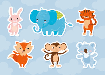 Cute Zoo Animal with Happy Muzzle Vector Sticker Set