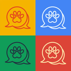Fototapeta premium Pop art line Paw print icon isolated on color background. Dog or cat paw print. Animal track. Vector