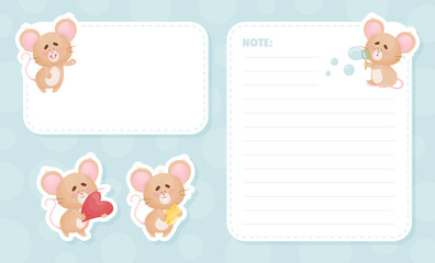 Note and Reminder Card with Cute Little Mouse Vector Template